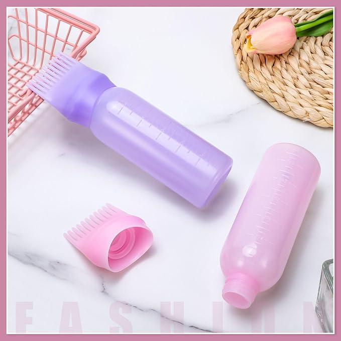 Pimoys 2 Pack Root Comb Applicator Bottle 6 Ounce Oil Applicator for Hair Dye, Hair Oiling Applicator Brush with Graduated Scale, Pink and Purple