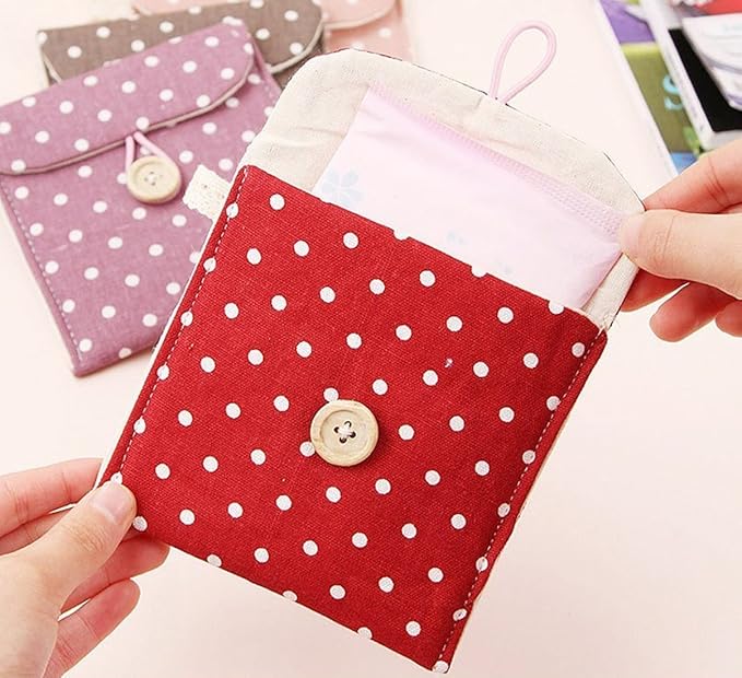 2 Pcs 1 Red and 1 Blue Sanitary Napkins Bag Menstrual Cup Pouch Nursing Pad Holder Cute Polka Dot Cotton 4.7x4.7 inch Washable Organizer Storage