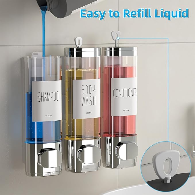 VITVITI Shampoo and Conditioner Dispenser for Shower Wall, Shower Soap Dispenser 3 Chamber No Drill Wall Mounted, 10.2 OZ Plastic Refillable Shower/Body Wash Bottles for Bathroom (Silver)