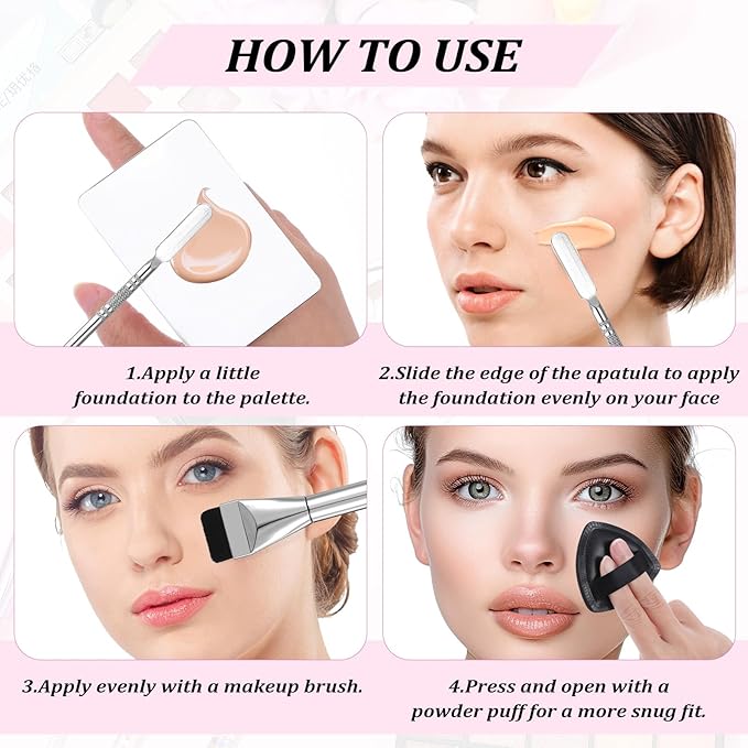 BOHUIZ 4 Pcs Makeup Foundation Mixing Palette Set Including Make Up Spatula, MakeupBrush, PaletteTray, Puff, Foundation Makeup Mixing Palette, MakeupPalette Tray (Stainless Steel)
