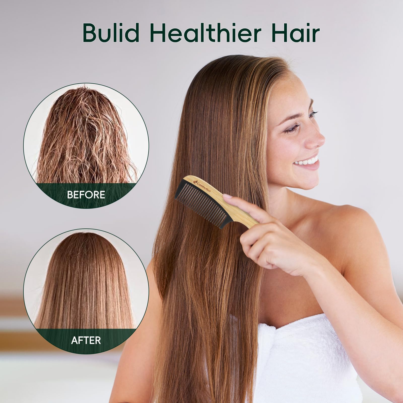 Bamboo Wide Tooth Detangling Comb, Anti Static for Curly, Thick Hair,Beard