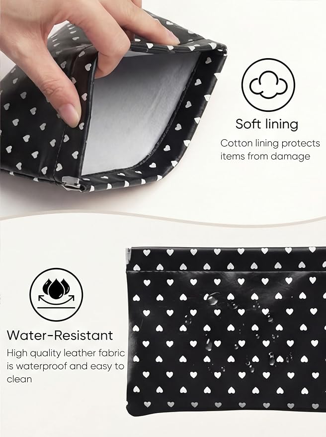 Ksriylm Dots Leather Makeup Pouch Set for Women Small Make Up Bag for Purse Waterproof Initial Makeup Cosmetic Bags Pouches for Purse Aesthetic Travel Toiletry Bag,Heart Black