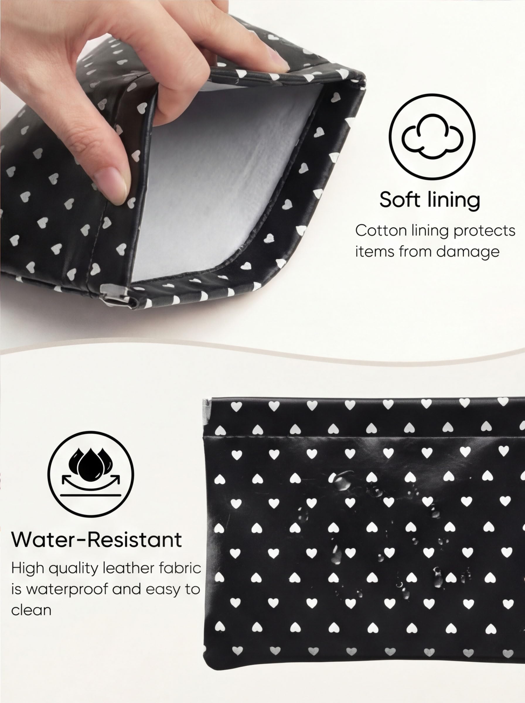 Ksriylm Dots Leather Makeup Pouch Set for Women Small Make Up Bag for Purse Waterproof Initial Makeup Cosmetic Bags Pouches for Purse Aesthetic Travel Toiletry Bag,Heart Black