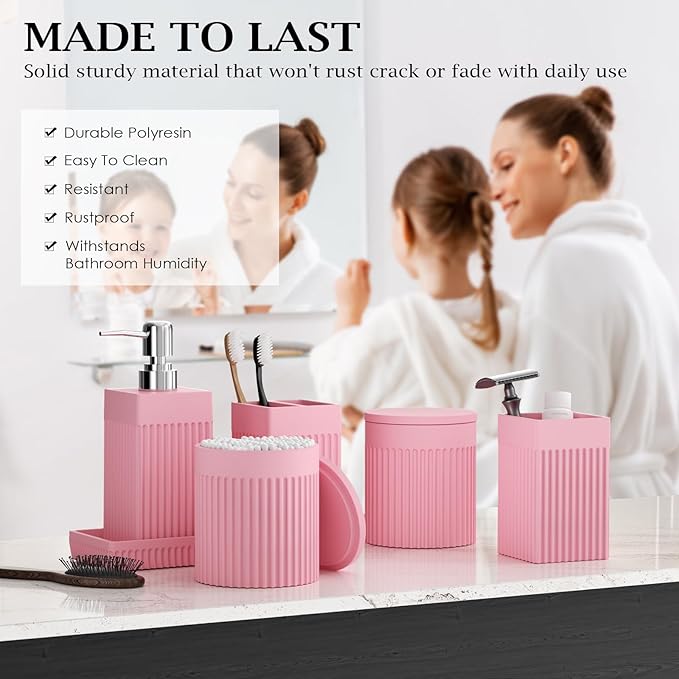 InnJoey 6-Piece Pink Bathroom Set - Sleek Resin Bathroom Accessories Set with Soap Dispenser, Toothbrush Holder, Vanity Tray, Tumbler & Apothecary Jars for Small Spaces
