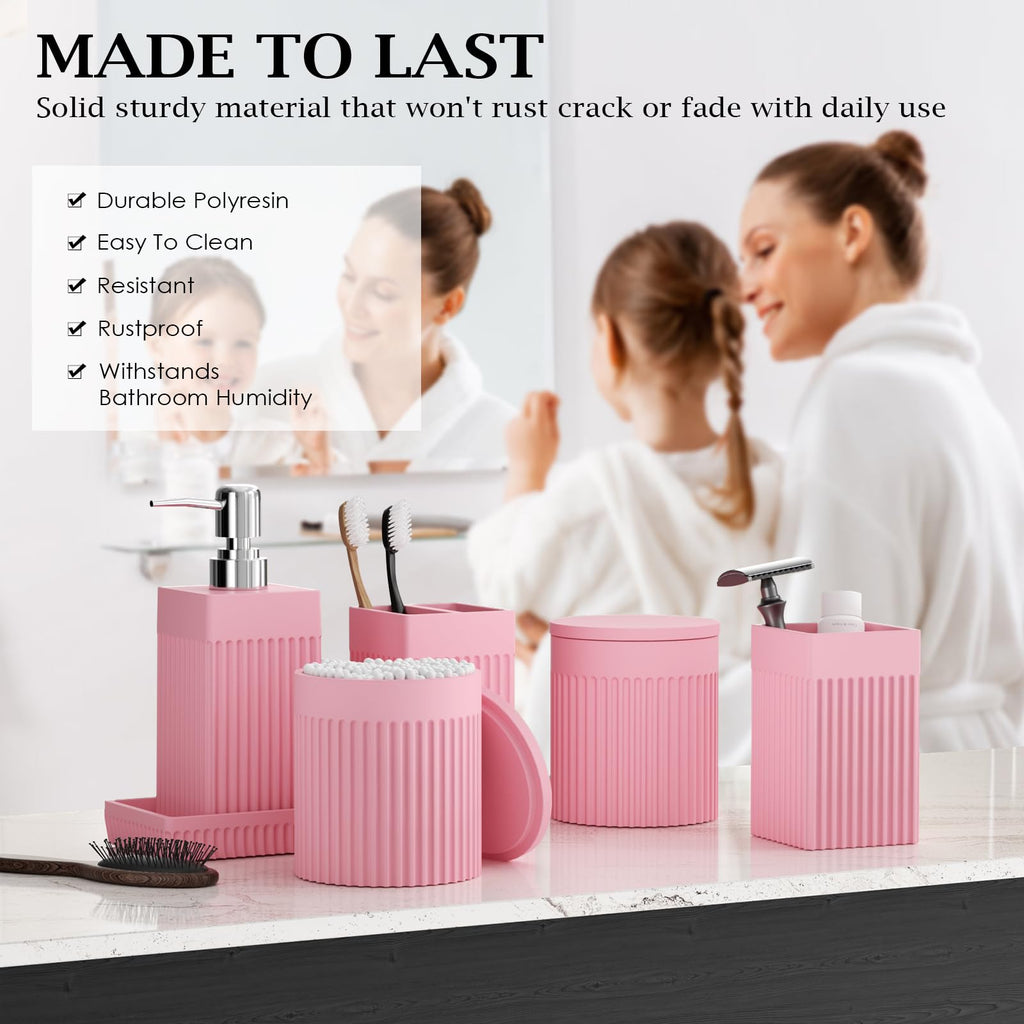 InnJoey 6-Piece Pink Bathroom Set - Sleek Resin Bathroom Accessories Set with Soap Dispenser, Toothbrush Holder, Vanity Tray, Tumbler & Apothecary Jars for Small Spaces