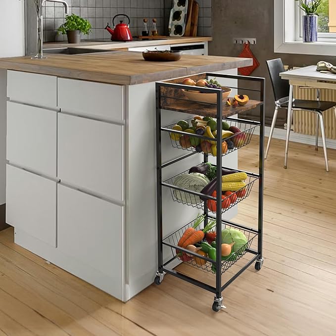 Sunexinlo 4-Tier Kitchen Rolling Cart with 3 Pull-Out Wire Baskets, Wooden Top and 360° Wheels, Narrow Kitchen Storage Cart for Fruit, Vegetable, Pantry, Bathroom, Laundry Room, Rustic Brown