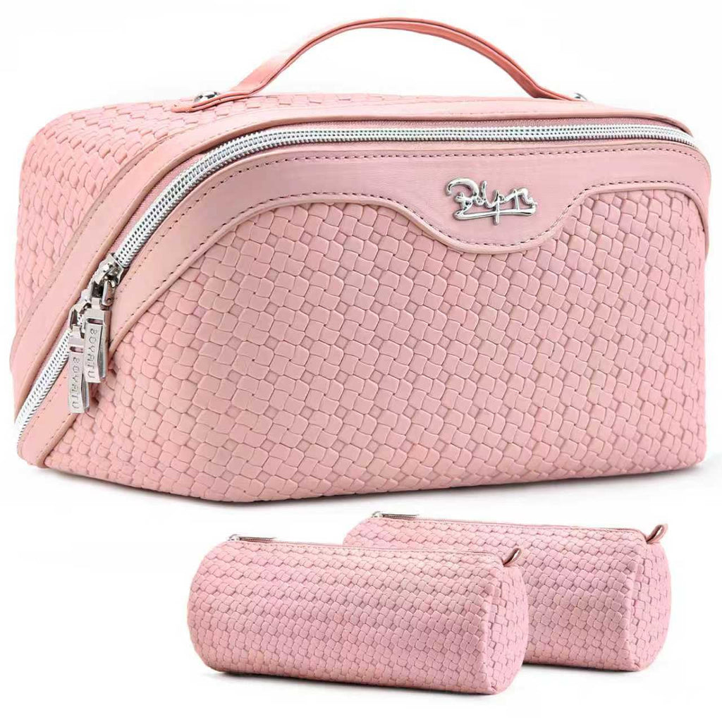BOYATU Travel Makeup Bag Cosmetic Bags for Women: Large Capacity 3 Pcs Set Make up Bag with Compartments - Waterproof Vegan Leather Toiletry Organizer Bags with Handle (L39 Pink)