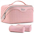 BOYATU Travel Makeup Bag Cosmetic Bags for Women: Large Capacity 3 Pcs Set Make up Bag with Compartments - Waterproof Vegan Leather Toiletry Organizer Bags with Handle (L39 Pink)