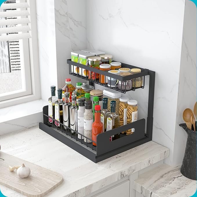 REALINN Under Sink Organizer, Pull Out Cabinet Organizer, 2 Tier Metal Slide Out Shelf with L Shaped Design for Kitchen, Bathroom, Laundry, and Utility Cabinet Storage for Deep Cabinets, Black, 1 Pack