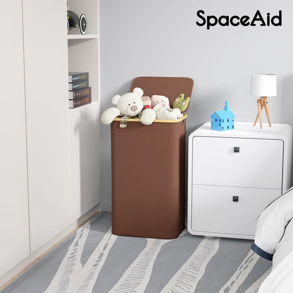 SpaceAid Laundry Hamper with Lid, 110L Large Tall Clothes Basket Bin with Bamboo Handles, Collapsible Laundry Hamper for Bedroom, Bathroom, Dorm, Laundry Room - Brown