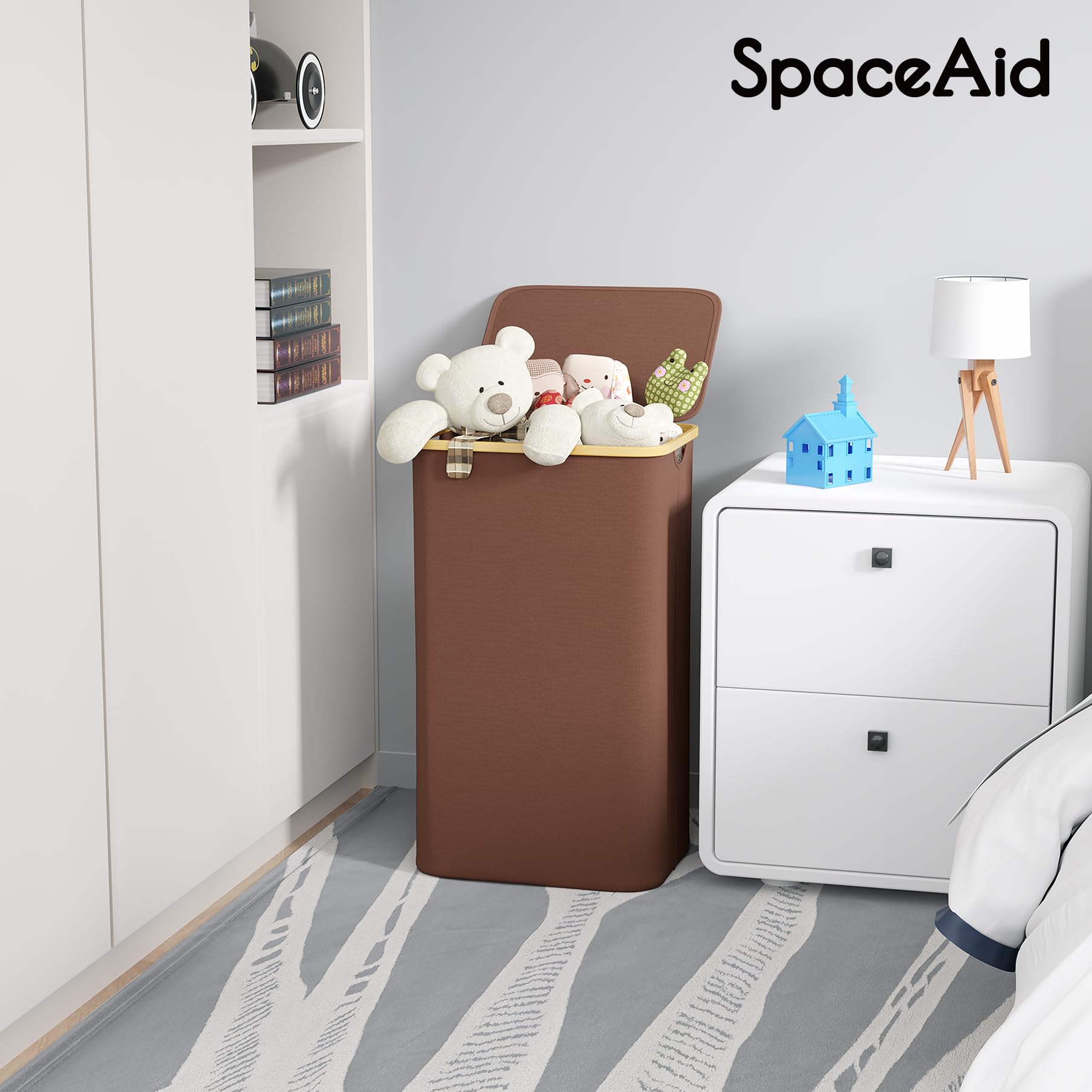 SpaceAid Laundry Hamper with Lid, 110L Large Tall Clothes Basket Bin with Bamboo Handles, Collapsible Laundry Hamper for Bedroom, Bathroom, Dorm, Laundry Room - Brown