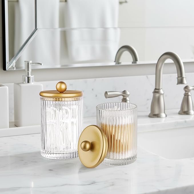 SheeChung 2-Pack Gold Ribbed Glass Qtip Holder - Apothecary Jars Bathroom Organizer with Metal Lids - Countertop Vanity Canister Set for Cotton Swabs, Rounds, Floss Picks-Modern Luxury Decor