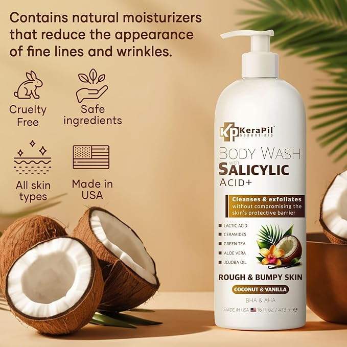 KERAPIL Exfoliating Body Wash, Coconut and Vanilla, 16 fl oz x 2