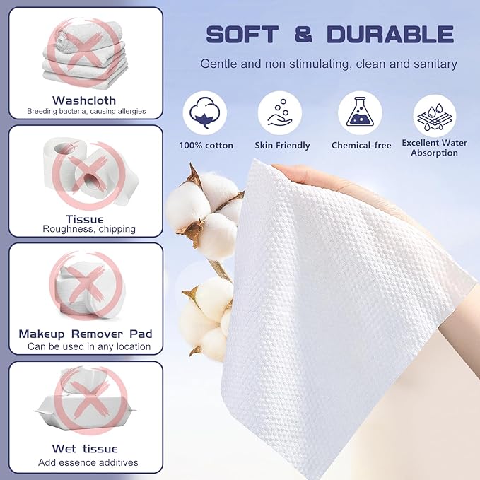 Disposable Face Towel, 200 Count Face Towels for Washing Soft Cotton Dry Wipes Facial Cloths Towelettes for Washing and Drying, Facial Tissue for Cleansing, Skincare and Makeup Remover