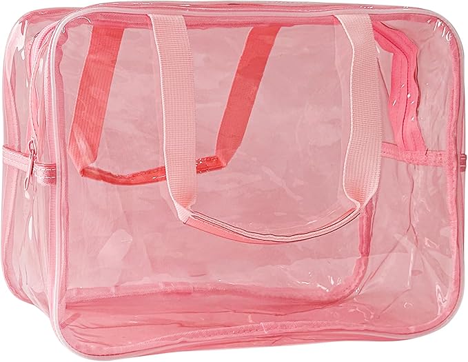 TotePrint Pink PVC Clear Pure Color Transparent Large Zipper Cosmetic Pouch Travel Makeup Cosmetic Bag with Handle for Travel Bathroom Toiletry Organizer (Light Pink)