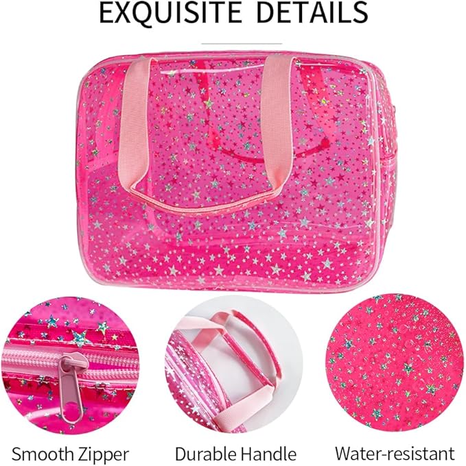 TotePrint Hot Pink Star Large Cosmetic Bag 12x5x8 inch Travel Pouch with Handle,Durable PVC Material,Zipper Design-Ideal for Makeup,Travel Essentials