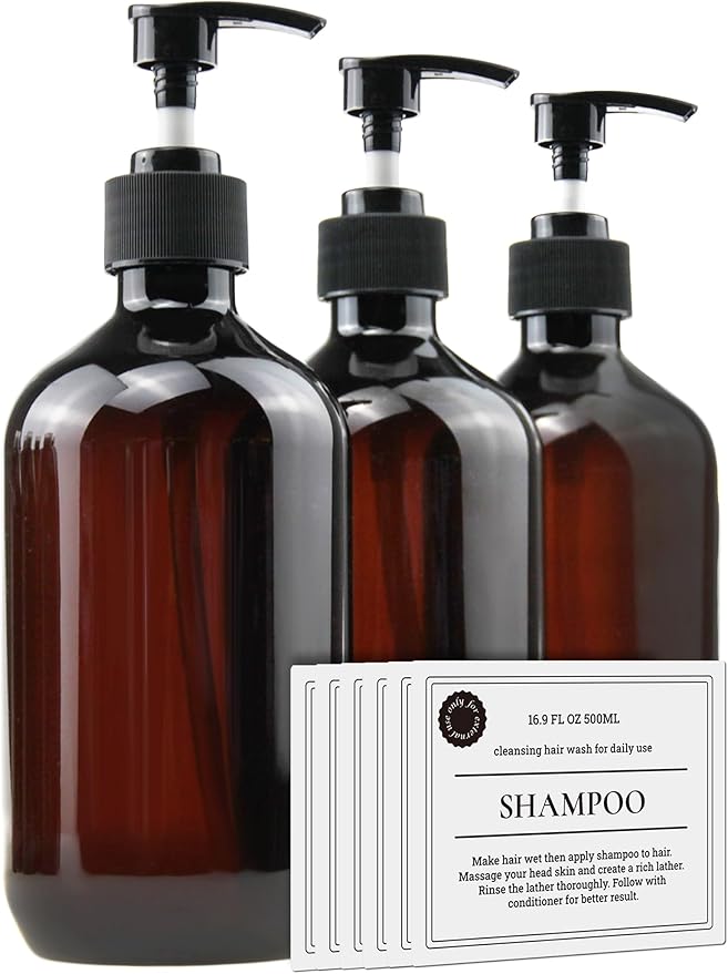 Empty Plastic Bottles with Pump Dispenser, 500ml/16.9oz (Amber, 3 Pack)