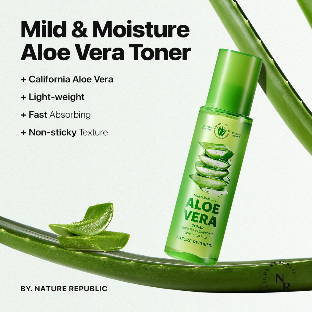Nature Republic Mild & Moisture Aloe Vera Toner | Soothing & Hydrating Facial Toner, Lightweight Refreshing Formula, Korean Skincare (5.24 Fl Oz)