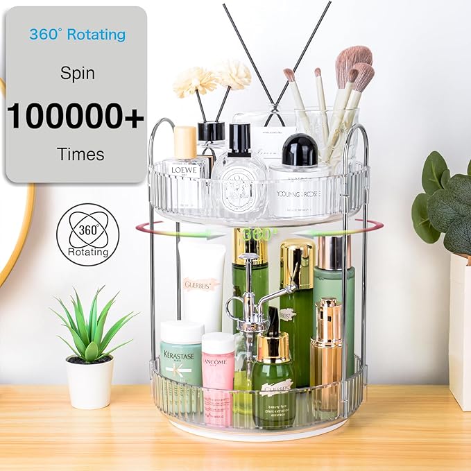Niluks 360 Rotating Makeup Organizer, 2 Tier Lazy Susan Bathroom Counter Organizer, Skincare Organizers, Spinning Perfume Organizer & Vanity Organizer Countertop (Silver Clear, 2 Tier)
