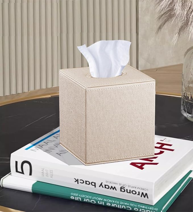 Leather Square Tissue Box Cover,Cut Tissues Cube Box Holder,Modern Facial Paper Organizer Storgage,Box Tissue Dispenser Decor Accessories for Bathroom NightStand Coffee Table Desk Home Office,Beige