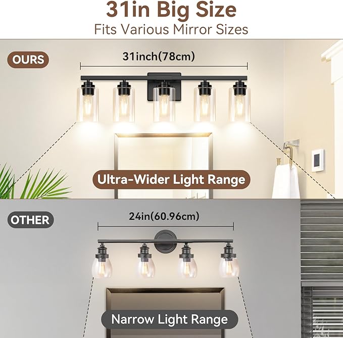 VerRon 5-Light Bathroom Light Fixtures, 31" Black Modern Vanity Lights