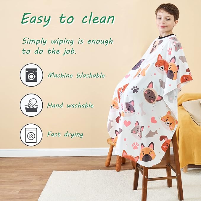 Barber Cape for Kids, Professional Hair Salon Cape with Adjustable Neck Strap, Shampoo Hair Cutting Cape for Salon and Home - 51 x 36 inches (Cartoon Dog & Cat Pattern)