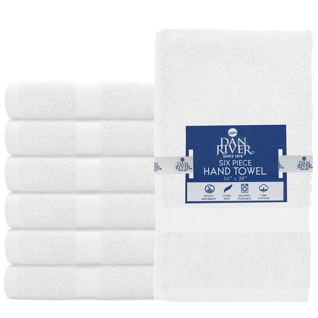 DAN RIVER 6-Pack Premium Hand Towels (16x28 Inches) - 100% Cotton, Ultra Soft, Lightweight, Highly Absorbent Towels for Bathroom, Spa, Gym, Salon, Hotel, and Travel - White