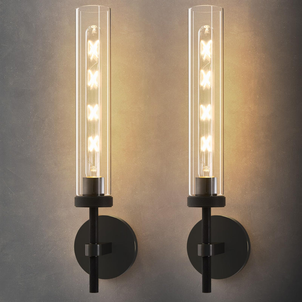 Brass Knurled Tube Wall Sconce: Set of 2 Modern Glass Sconces with Bulbs