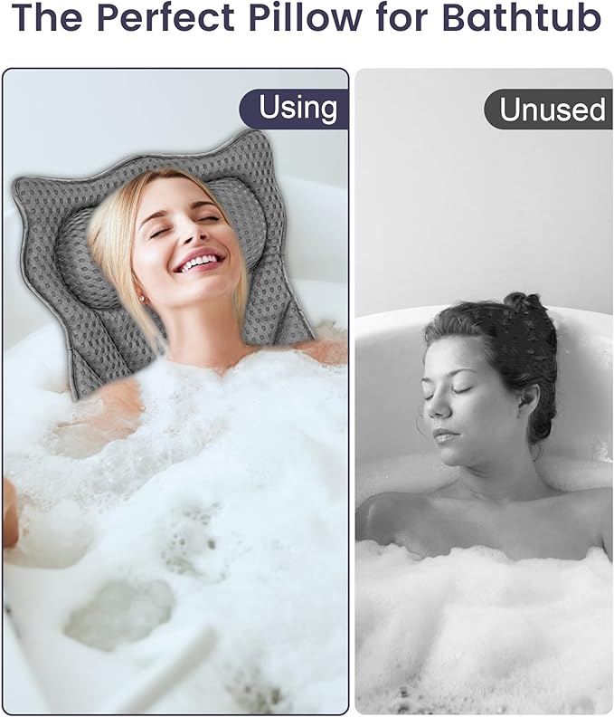 MTDLYICE Bath Pillow, Bath Pillows for Tub Neck and Back Support, Soft 4D Air Mesh Bathtub Pillow 16.5 x 17.3 INCH, with 6 Powerful Suction Cups, Bath Accessories Relaxing Gifts for Women (Grey)