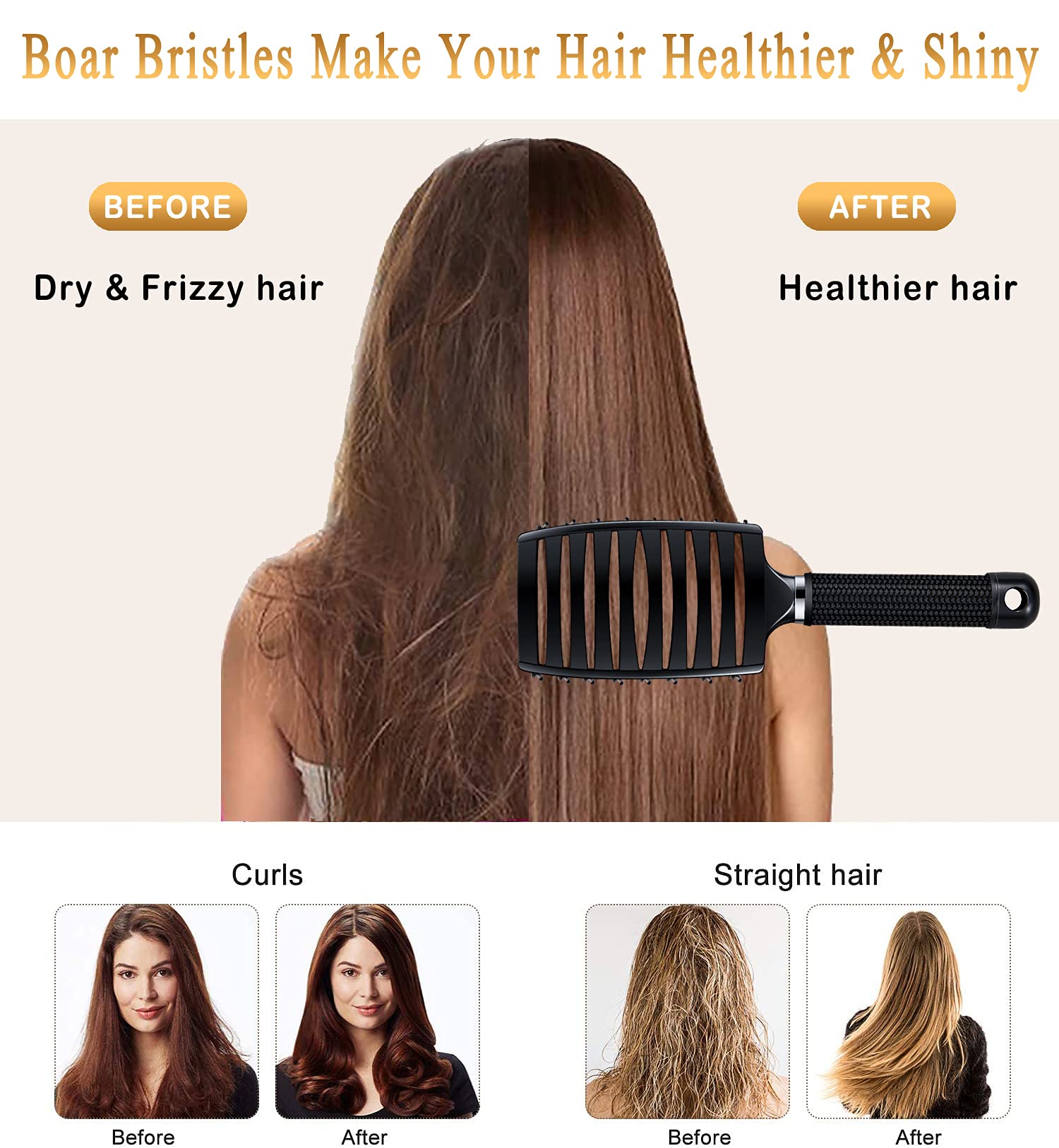 Detangling Brush Boar Bristles Set KTKUDY Hair Brush Curved and Vented Detangler Brush for Women Men Kids Wet and Dry Hair (Black&White)