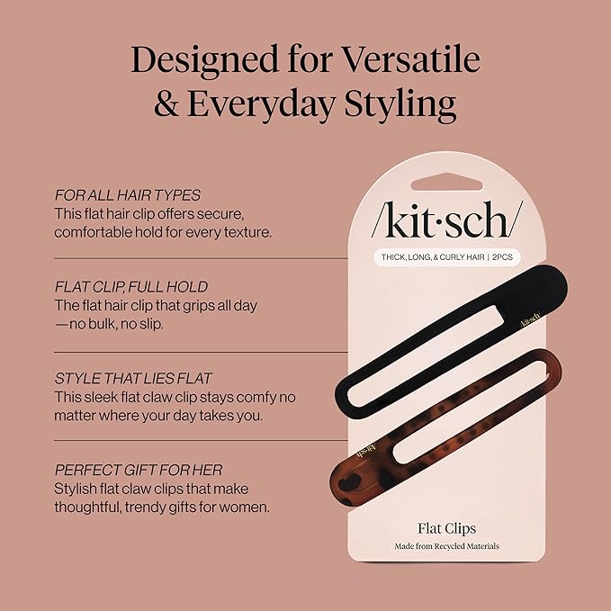 Kitsch Flat Hair Clips for Women - Strong Hold, No Slip Grip Flat Claw Clips | Sleek Curved Design For Comfortable Look | Hair Accessories For Girls - Black & Tortoise, 2pcs