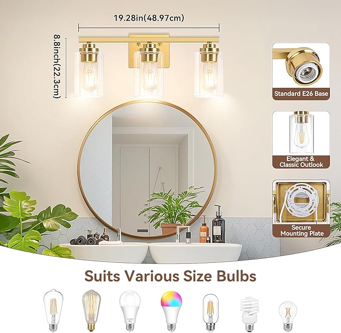 VerRon 19" Gold Modern Vanity Lights Over Mirror with Clear Glass Shades