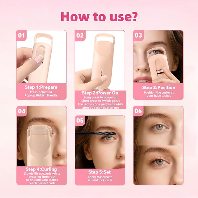 Heated Eyelash Curler, 10s Fast Heating Portable Electric Lash Curler, Type-C Rechargeable Travel Eye Lash Curlers with Anti-Scalding Silicone Pad, 2 Temp Modes & 24H Long Lasting Curves(Beige)