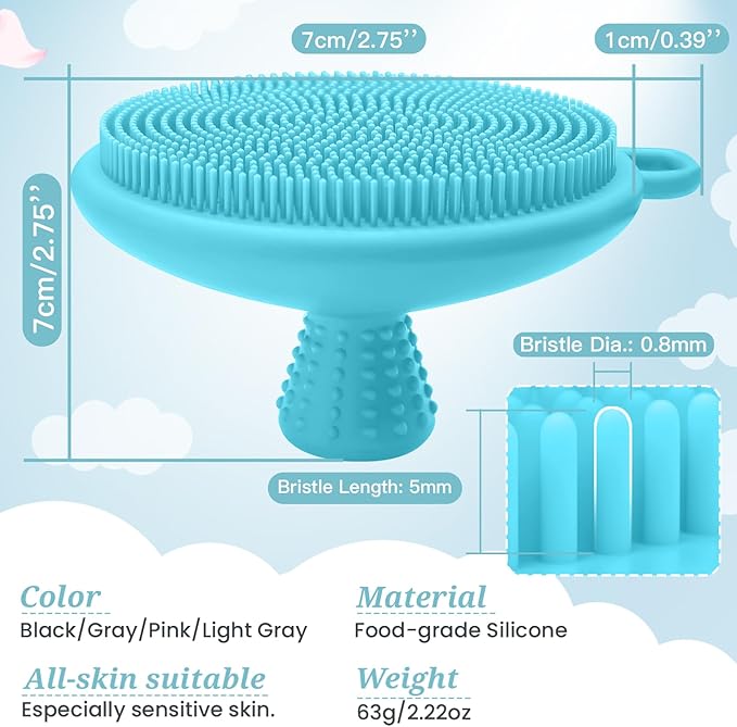 Silicone Face & Back Scrubber Set, Manual Face & Body Scrubber Exfoliator with Soft Bristles and Non-Slip Handle, Back Brush Bath Brush with 2 Detachable Brush Heads(3PCS Blue Set)