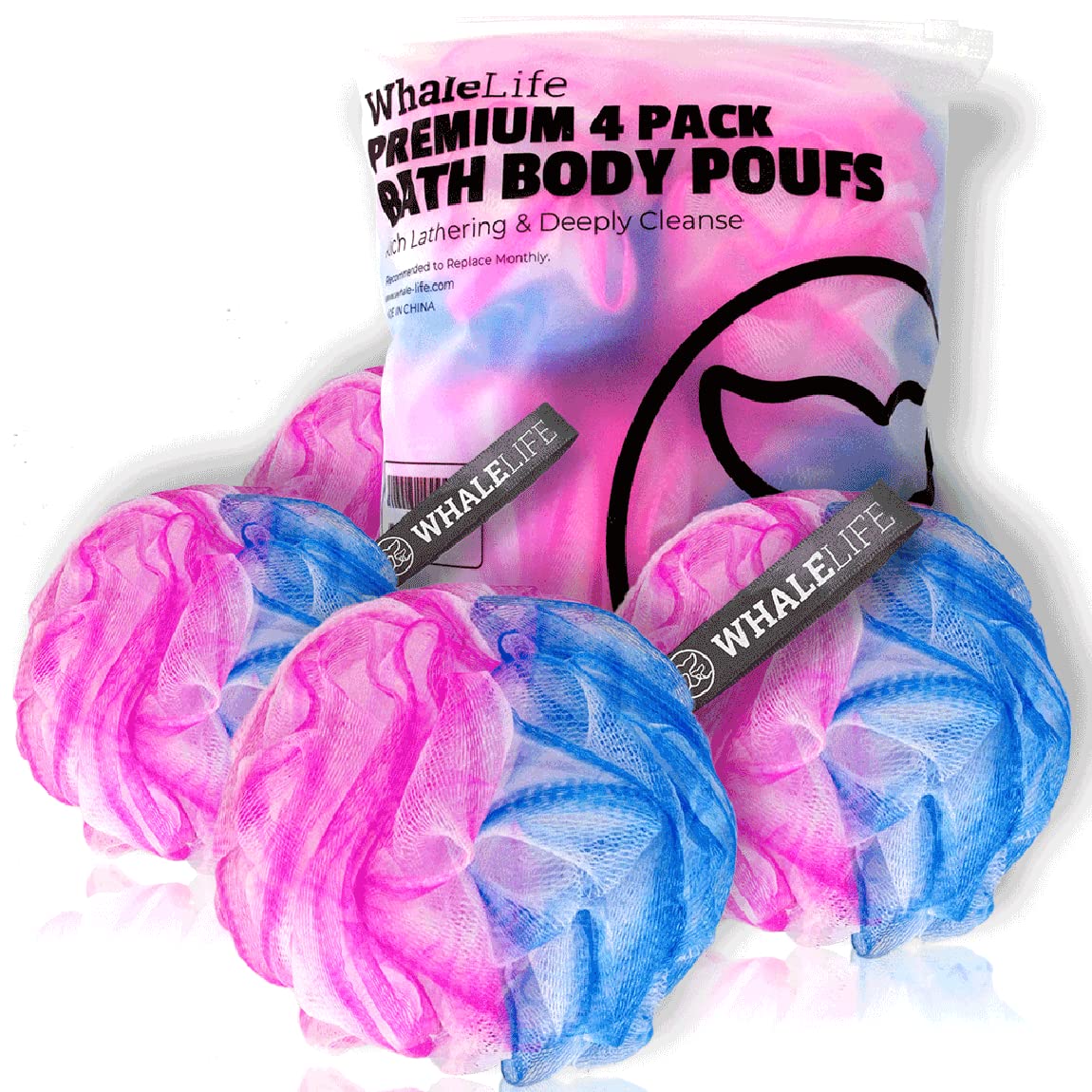 Bath Loofah Sponge for Shower - Body Scrubber 4-Pack Gray Blue Green Purple