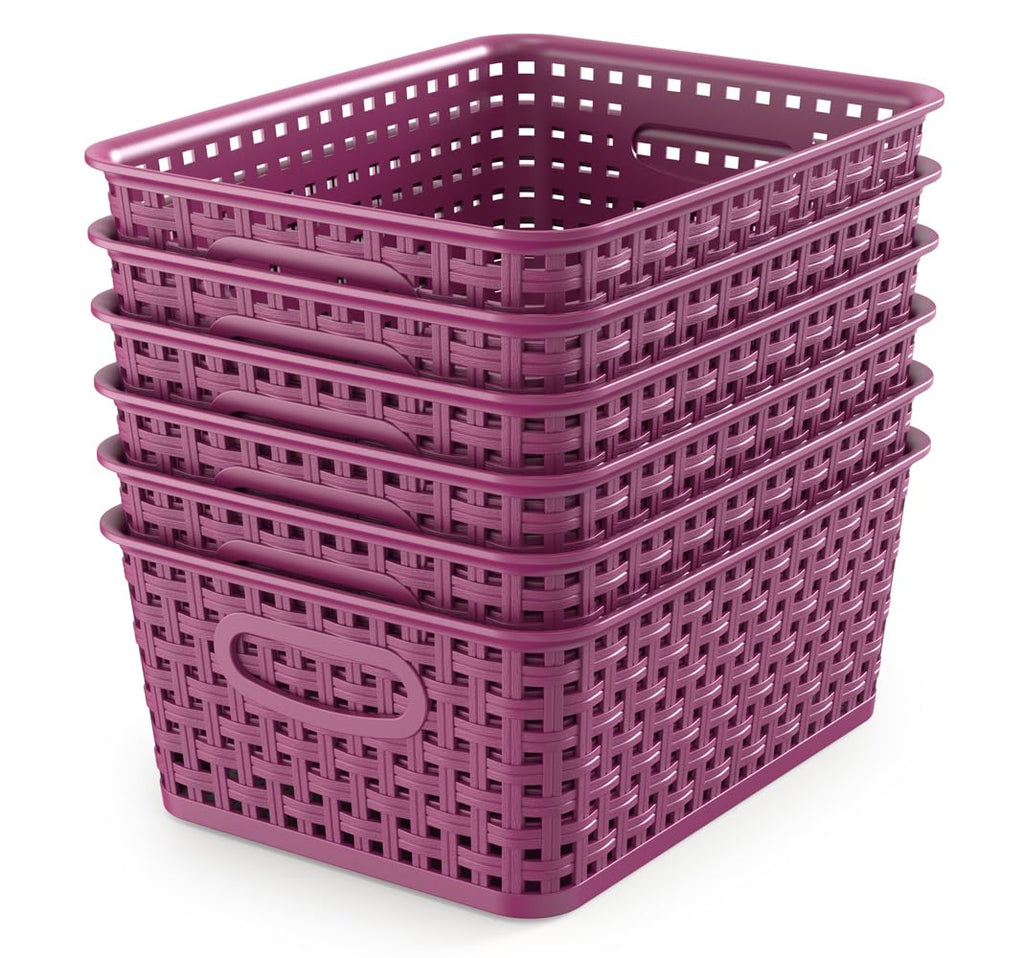 WYT 6-Pack Plastic Small Shelf Storage Weave Baskets Organizing for Cabinets and Pantries, Deep Purple