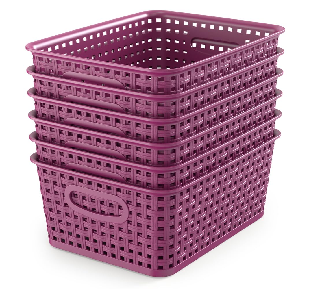 WYT 6-Pack Plastic Small Shelf Storage Weave Baskets Organizing for Cabinets and Pantries, Deep Purple