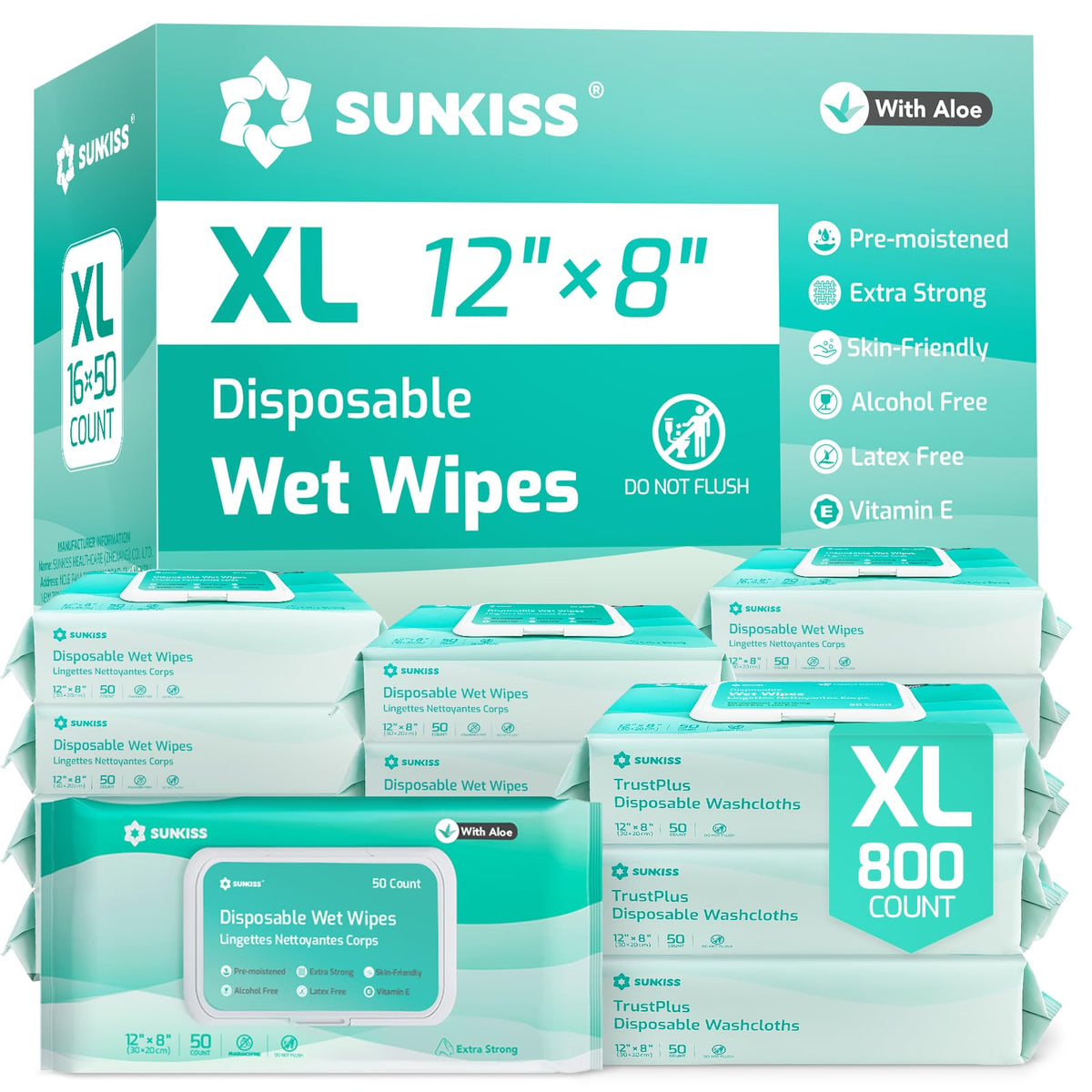 SUNKISS TrustPlus Adult Wet Wipes, Extra Large 8"x12", Unscented, 800Ct
