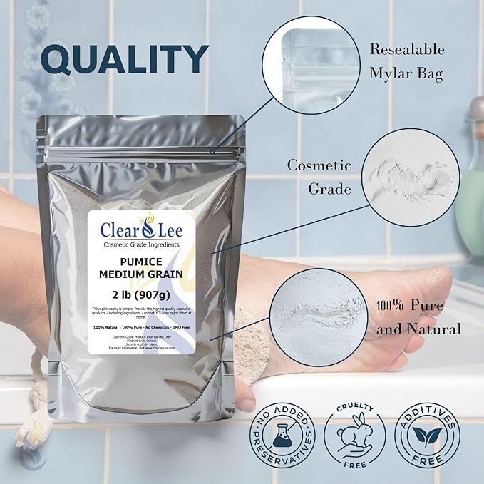 ClearLee Cosmetic Grade Pumice - 100% Pure Natural Grain/Powder - Great For Skin Exfoliation in DIY Soaps, Masks, Scrubs for Face, Body, Foot (8oz, Medium Grain)