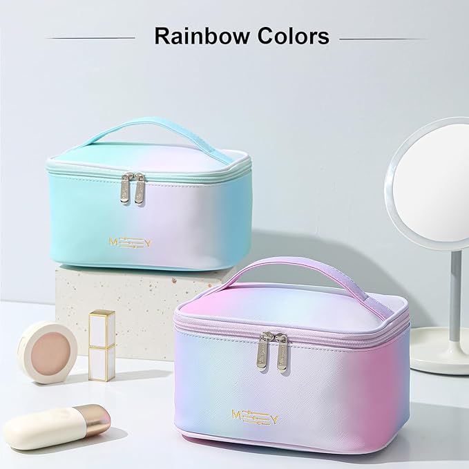 Gradient Travel Makeup Bag, PU Leather Women Cosmetic Bag, Rainbow Green