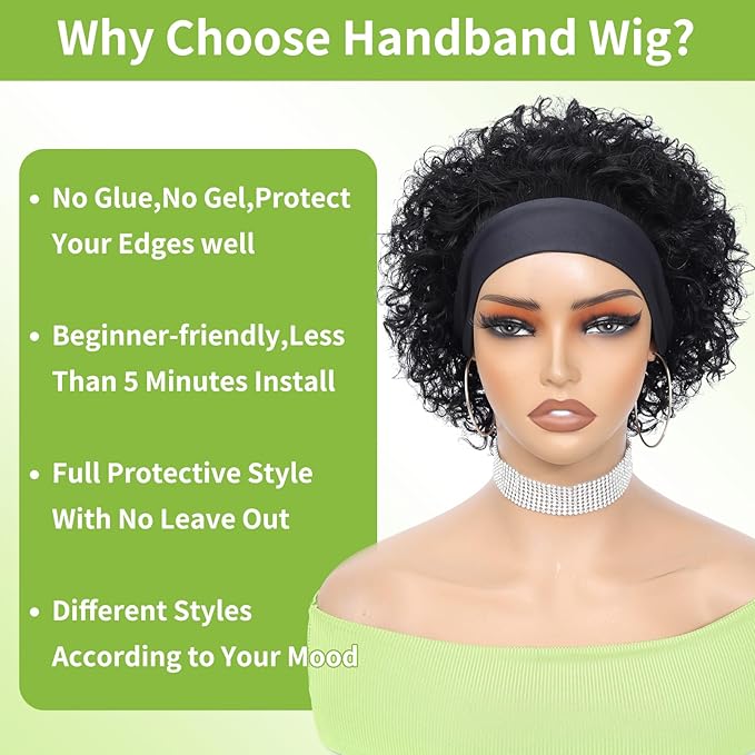 Headband Wig Human Hair Wigs for Black Women Short Curly Human Hair Put on and Go Glueless Wig Natural Black Curly Headband Wigs 8inch