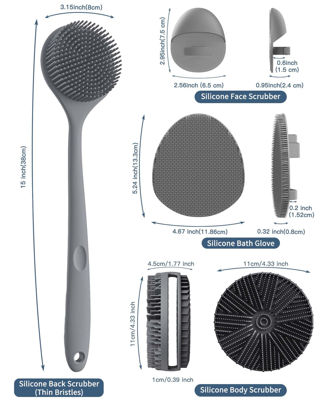 Manmihealth Silicone Body Scrubber Shower Brush Set Thin Bristles Gray
