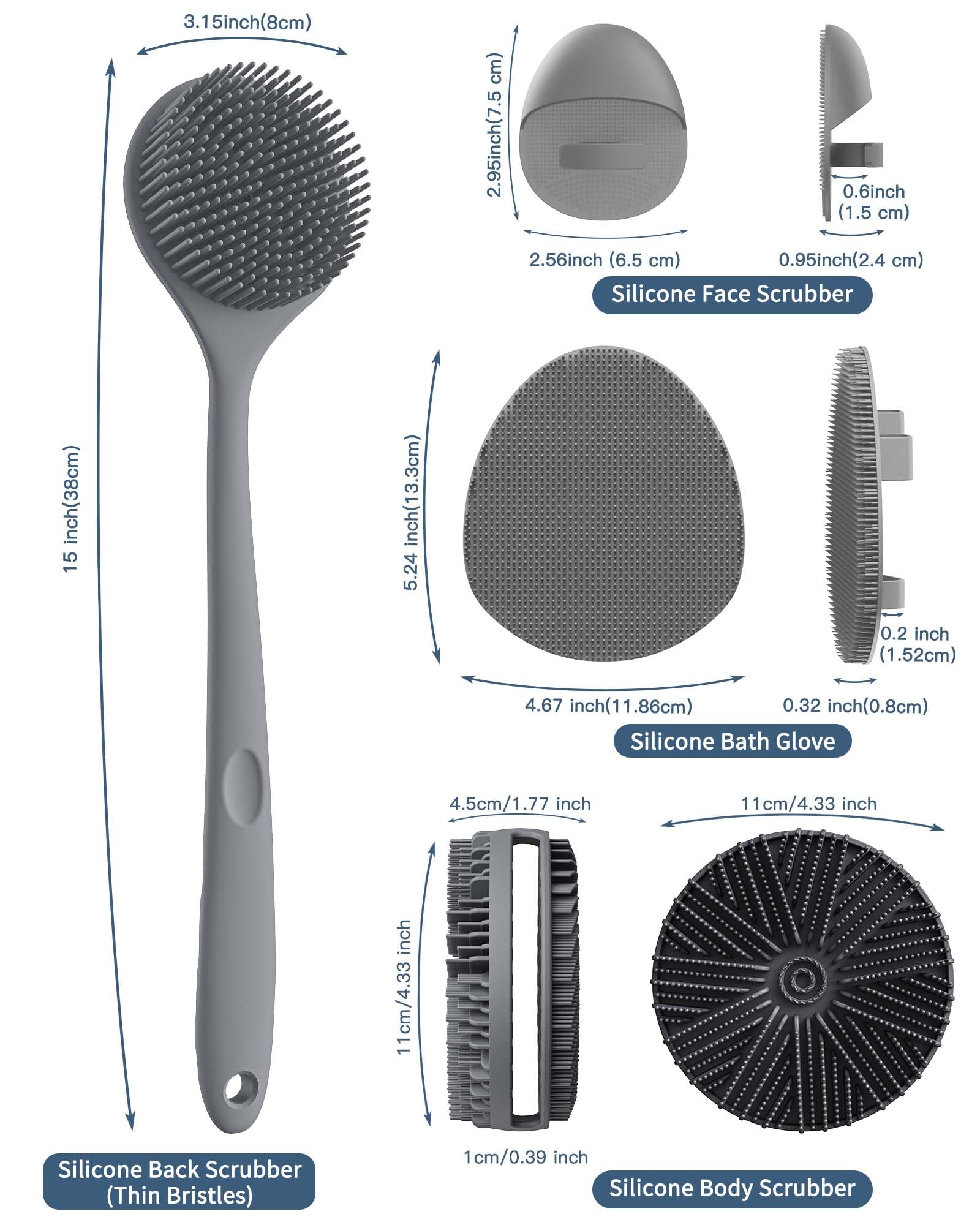 Manmihealth Silicone Body Scrubber Shower Brush Set Thin Bristles Gray