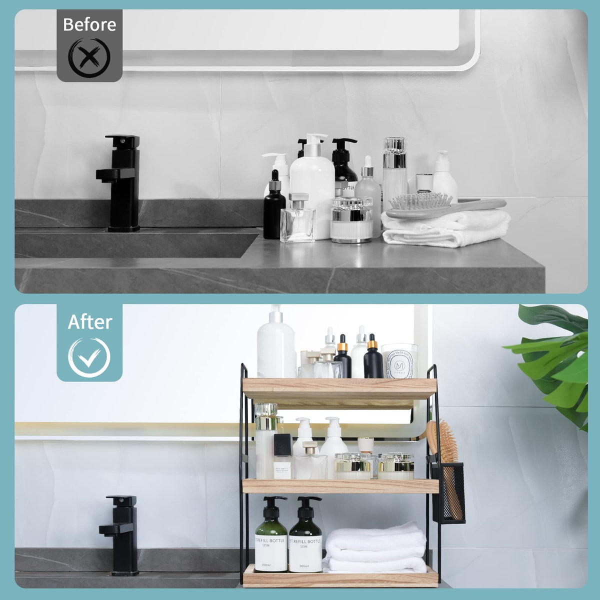Nroech Bathroom Organizer Countertop, 3-Tier Standing Counter Shelf with Basket, Wood Tray for Kitchen Vanity Organizer