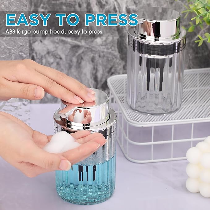 Potchen 2 Pcs Refillable Foaming Hand Soap Dispenser 10 oz Plastic Dispenser Pump Lotion Foaming with Silver Pump for Bathroom Vanities Kitchen(Clear)