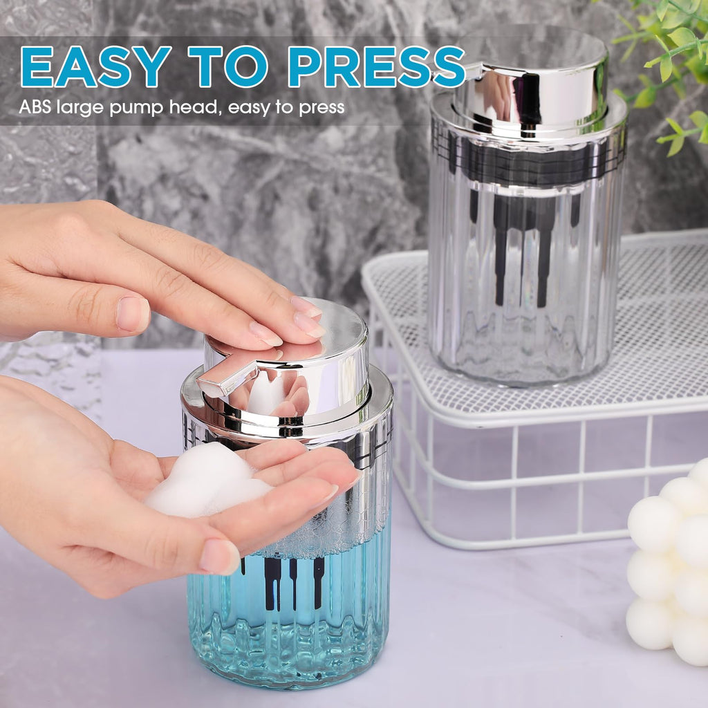 Potchen 2 Pcs Refillable Foaming Hand Soap Dispenser 10 oz Plastic Dispenser Pump Lotion Foaming with Silver Pump for Bathroom Vanities Kitchen(Clear)