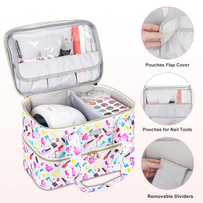 Nail Polish Organizer,Nail Organizers and Storage for Nail Tech,Nail Polish Carrying Case Bag Holds 40 Bottles and Nail Lamp,Portable Nail Polish Holder for Nail Supplies,Nail polish Print Pattern