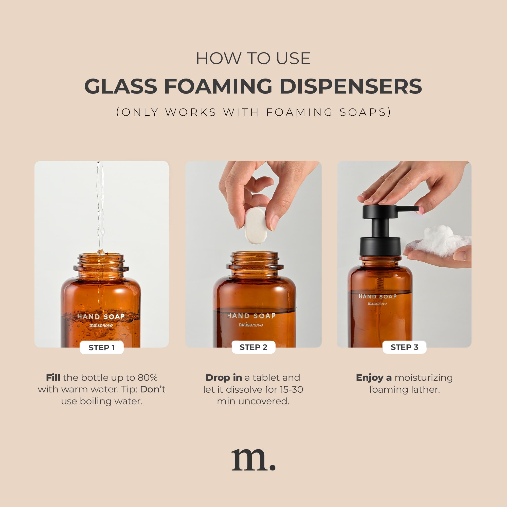 MaisoNovo Glass Foaming Soap Dispenser 14 Oz | Glass Bottles Pumps x 2 Amber