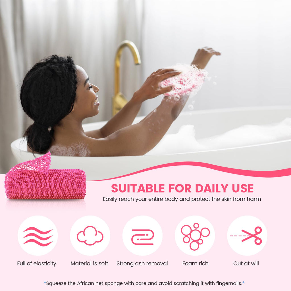 ZOCY African Net Sponge, Authentic Exfoliating Body Scrubber for Bath and Shower, Multiple Textures with Gentle Deep Exfoliating and Rich Lather for All Skins (Pink)