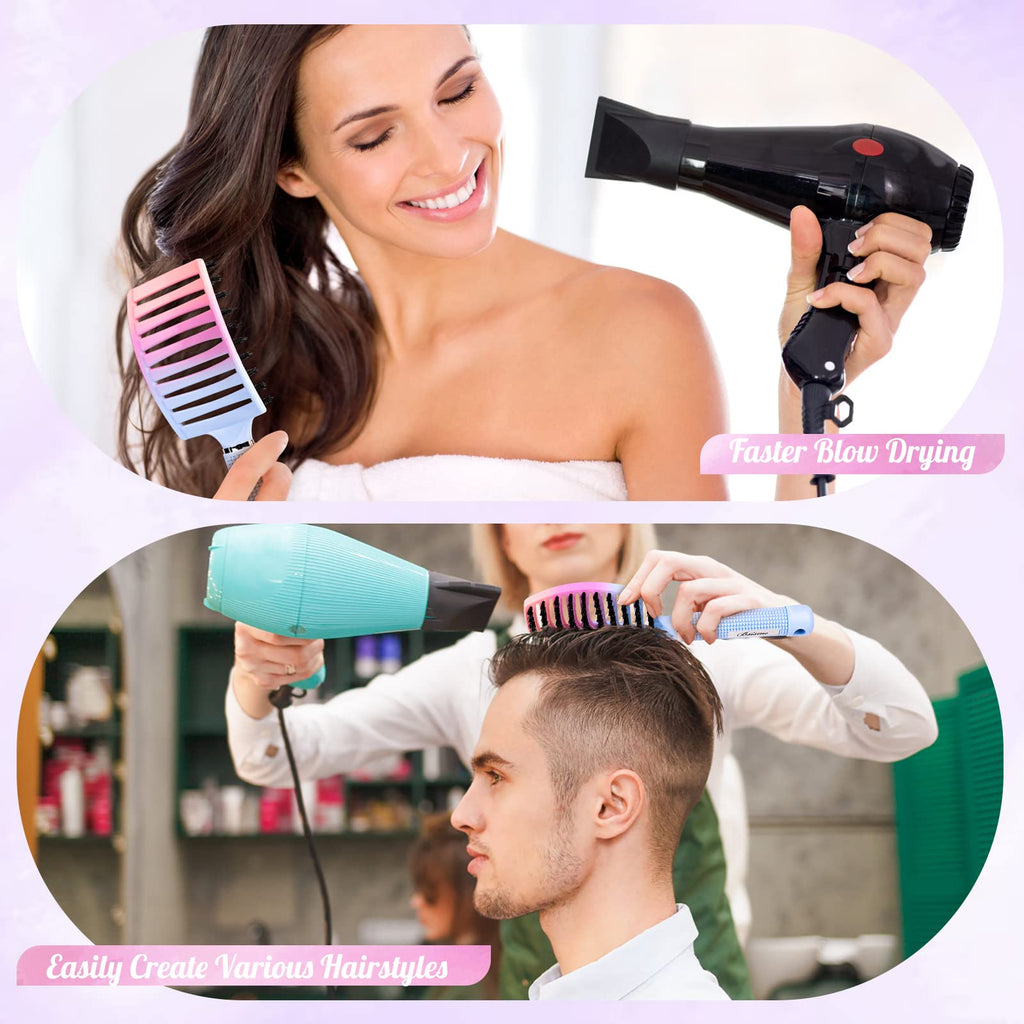 Boar Bristle Hair Brush, Curved Vented Detangler Brush Faster Blow Drying, Paddle Detangling Brush for Women Men Kids Wet Dry Long Curly Thick Straight Hair, Make Hair Shiny and Healthier(Purple+Blue)